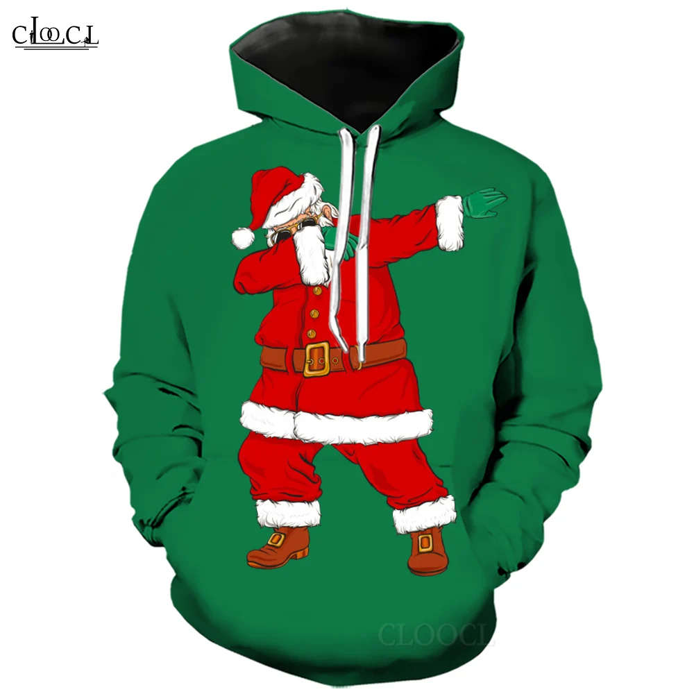 CLOOCL Hoodies Autumn Winter Long Sleeve Christmas Clothes for Men Women Flying Posture Santa Claus Graphic Green Sweatshirts