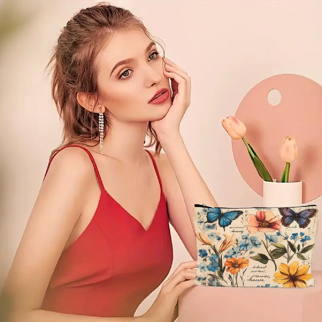 Un sac de maquillage rétro imprimé floral et papillon - trousse de maquillage portable multifonctionnelle de grande capacité