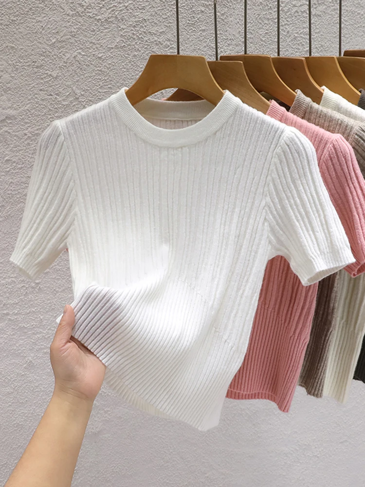 Summer T shirts for Women Casual Female Korean Knit Streetwear Tees Basic Solid Young Cool Tops