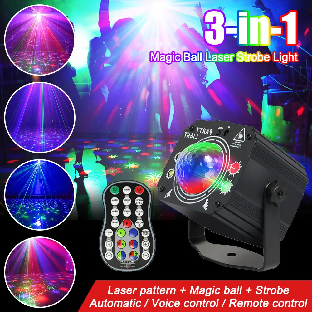 

3IN1 LED Disco Colorful Magic Ball DJ Stage Light Remote Control Strobe Sound Activated for Club Birthday Party Halloween Club