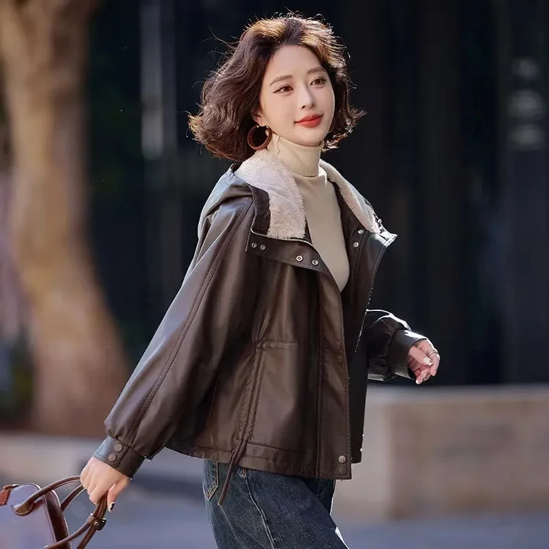 Veste d'hiver en cuir pour femme, manteaux chauds épais en velours, vestes courtes amples à capuche, Streetwear coupe-vent, vêtements d'extérieur en cuir, 2025