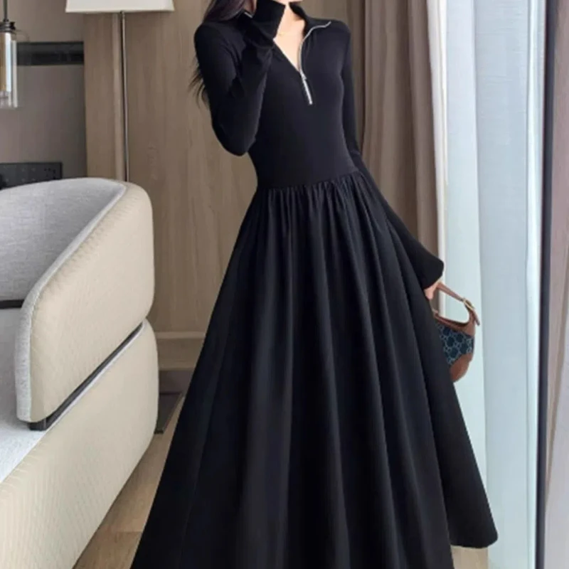 Large Zipper Spring and Autumn Dress Women's New Style Slightly Cinched Waist Slimming Effect Plus Size Long Skirt