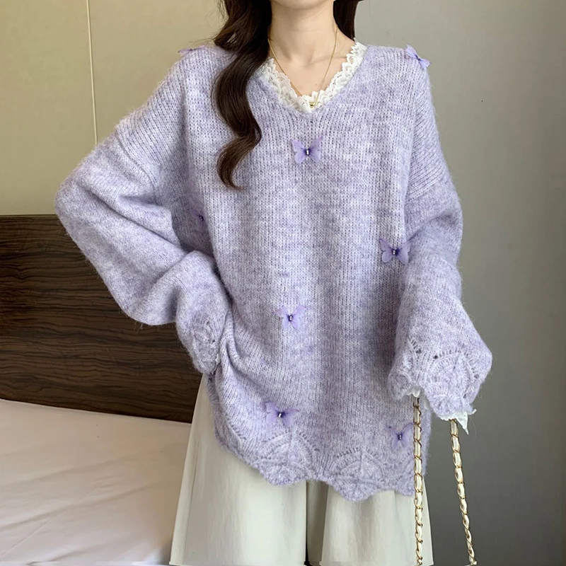 

Fall Lace Butterfly Women Sweaters Sweet Simple Loose Long Sleeve Knitted Jumpers Autumn V Neck Fashion Elegant Pullovers Tops