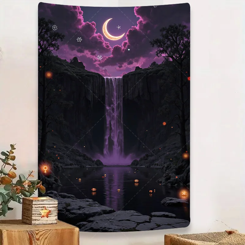 

1шт настенный гобелен "Мистический гобелен с лунным подсветкой-водопад - мечтательная фиолетовая ночная сцена"