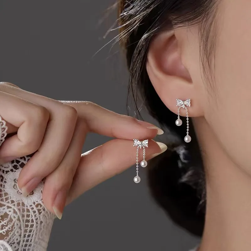 ENSHIR Bowknot Zircon Pearl Tassel Pendant Earrings For Women Delicate Temperament Korean Jewelry Gifts Wholesale