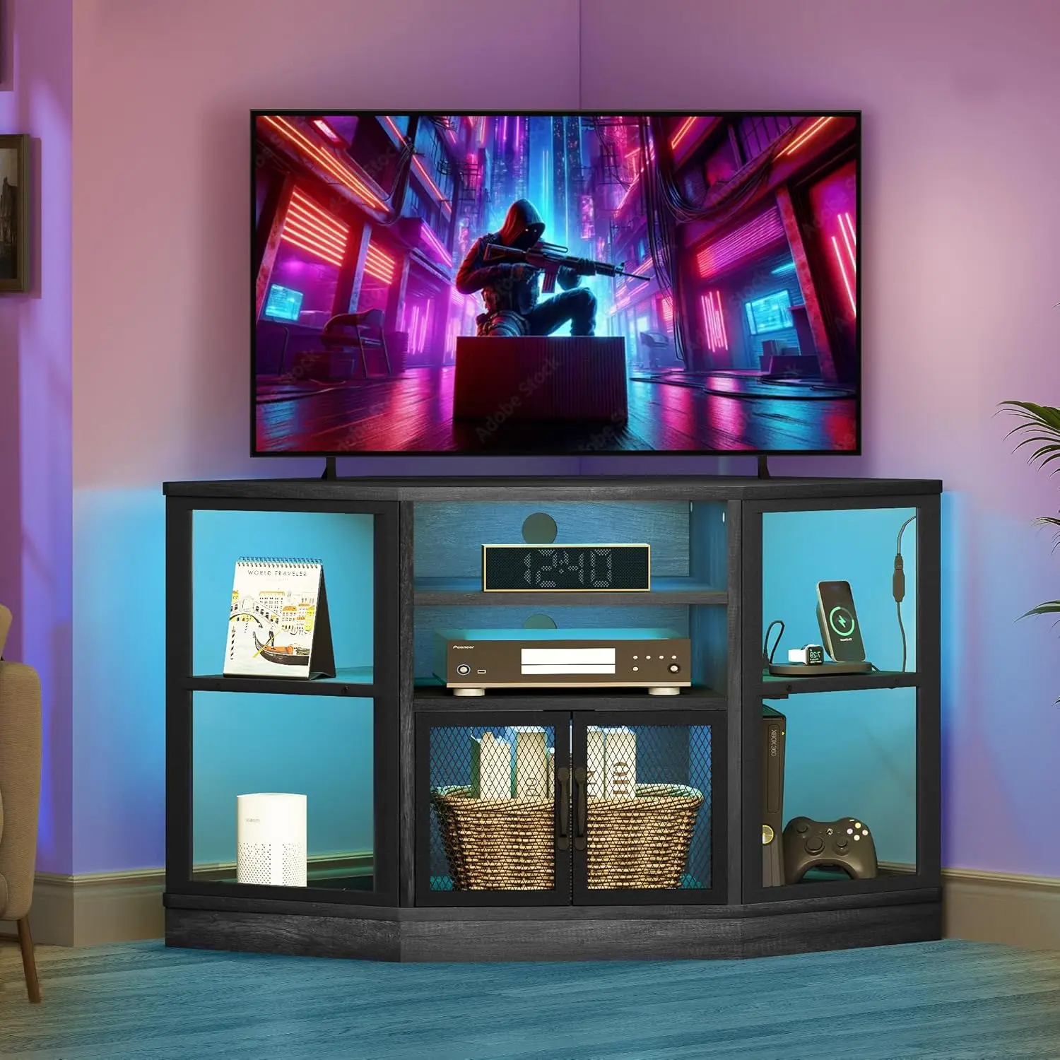 Corner TV Stand, Modern Corner Entertainment Center, Media Console with Storage Cabinets and LED Light for Living Room