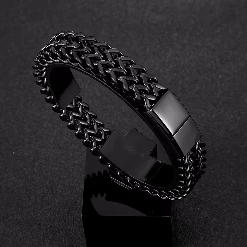 Fashionable Double Row Stainless Steel Chain Magnetic Clasp Bracelet for Men Motorcycle Riding Rock Party Jewelry Gift