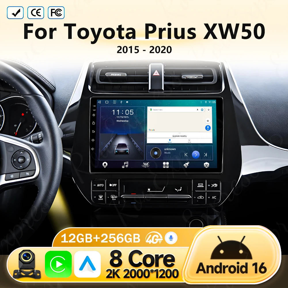 

Автомагнитола Android 16 Carplay Auto для Toyota Prius XW50 2015-2020: Мультимедийный Видеоплеер, Навигация GPS, 4G