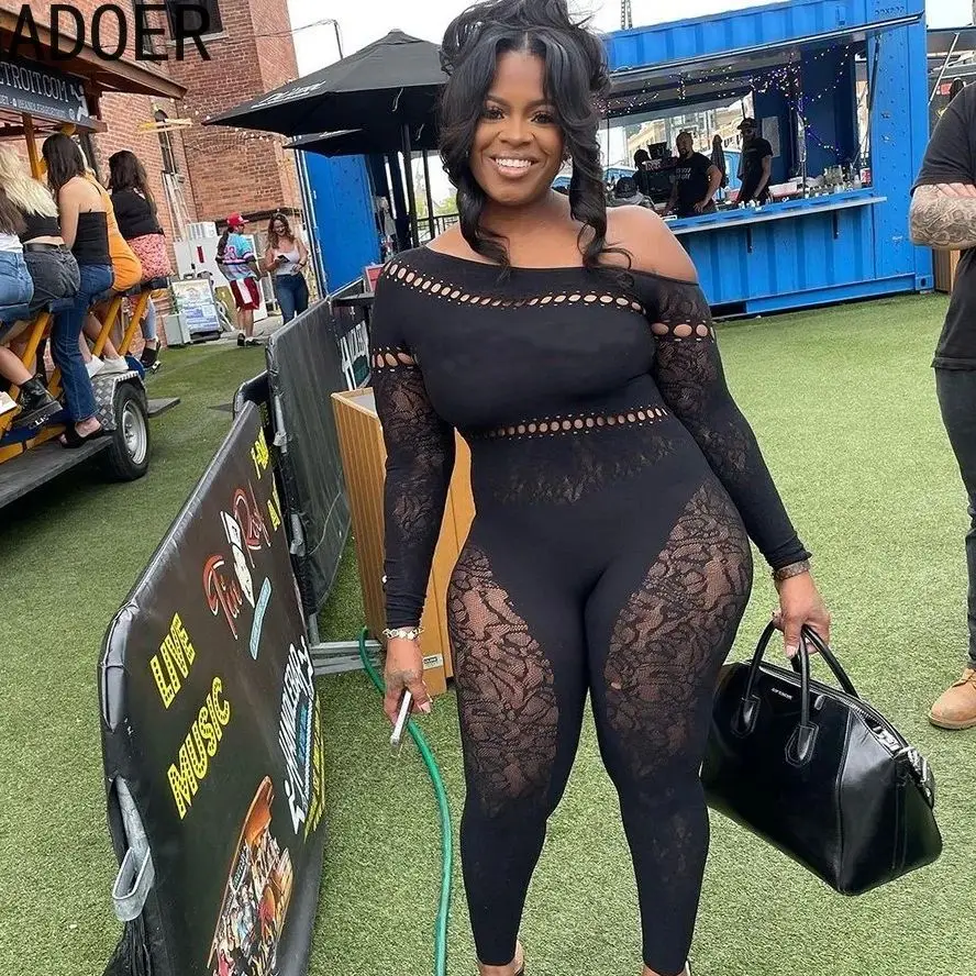 FAGADOER Black Fashion Thick Lace Embroidery Perspective Bodycon Jumpsuits Women Round Neck Long Sleeve Elasticity Slim Playsuit