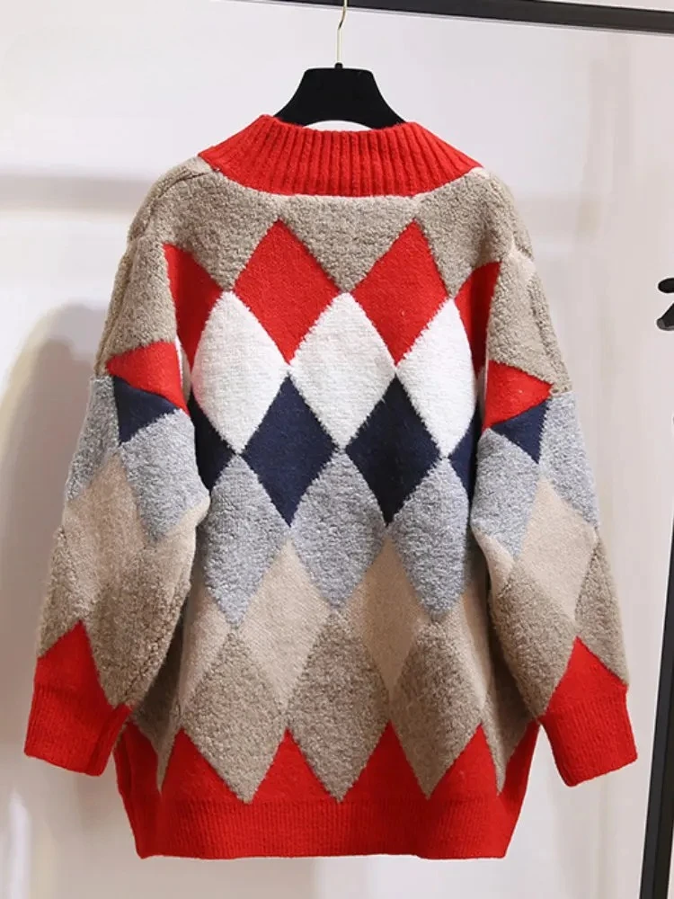 الخريف الشتاء منقوشة شيك بالأزرار زر نفخة الأكمام متقلب المتضخم المرأة البلوزات أنيقة متماسكة معاطف الملابس النسائية