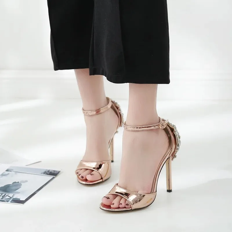 New Summer Word with Sandals Female Wild Simple Women Sandals Round Toe Flock 11CM Thin Heels High Heel Buckle Strap Rhinestones