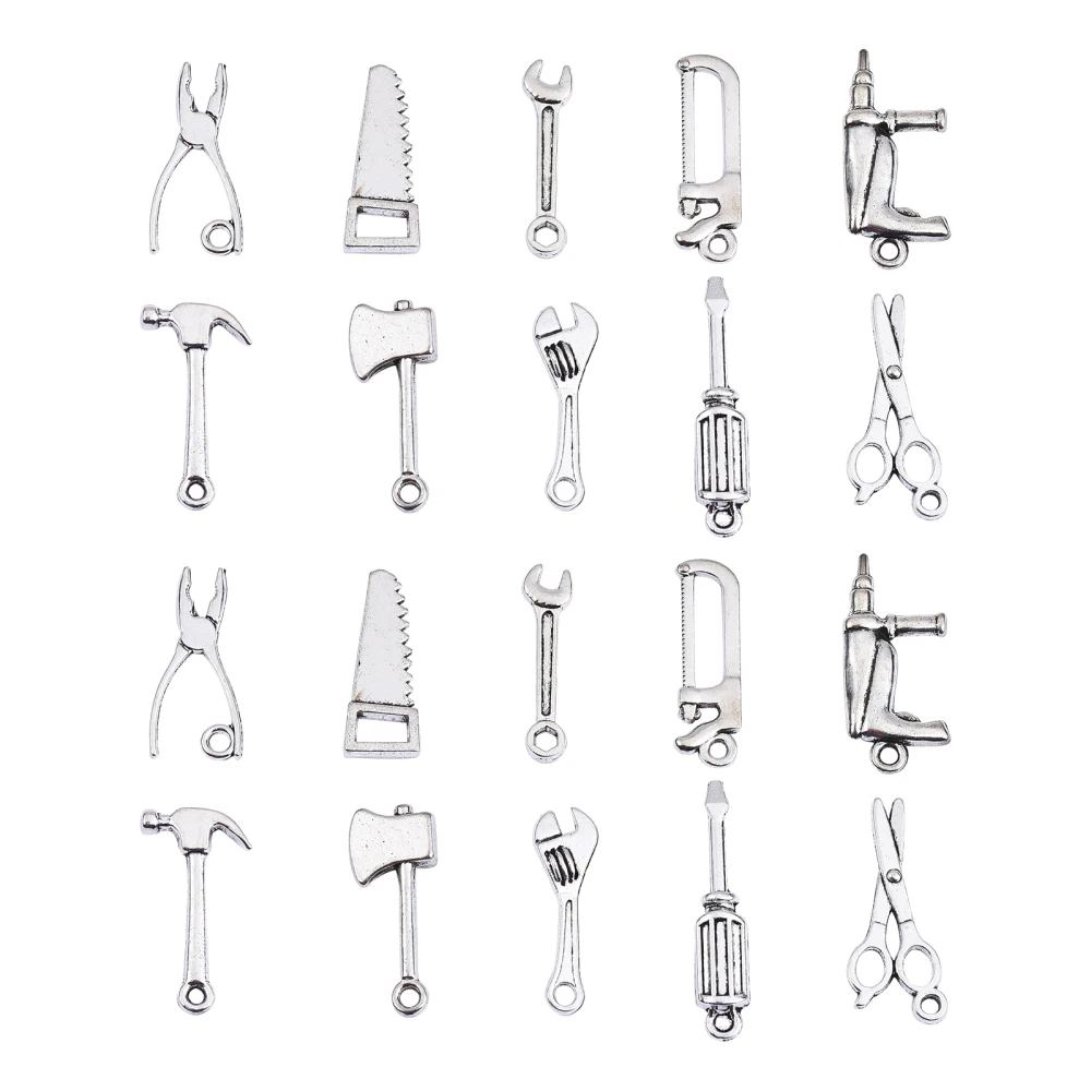 

100pcs Antique Silver Tool Charms Alloy Hammer Wrench Charms 10 Styles Home Tool Charms for Jewelry Making Bulk Bracelets