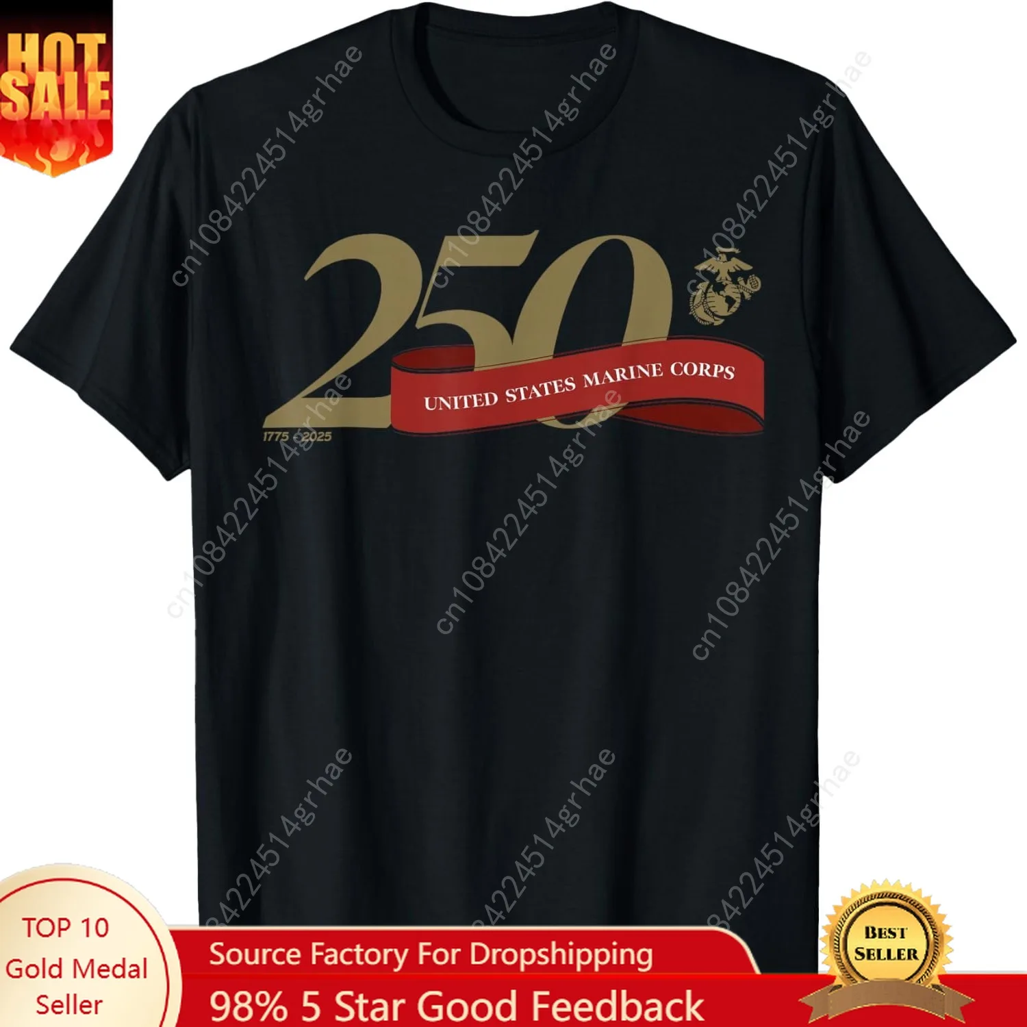

United States Marine Corps 250th Birthday Gold Logo T-Shirt