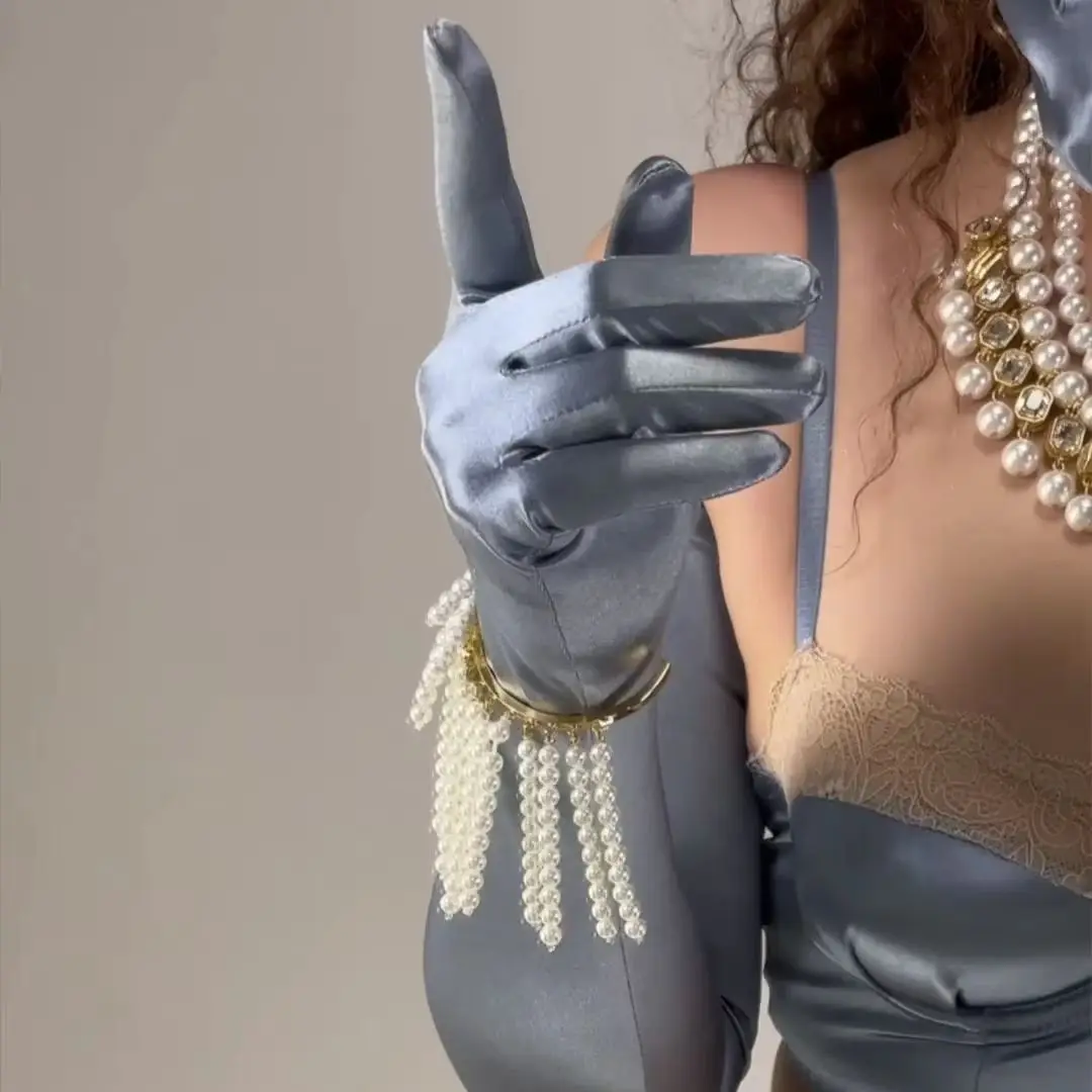 Satin Opera Gloves 70cm Extra Long Light Blue Pearl Metallic Powder Pastel TECH Touchscreen Sensitive LLDLLNT