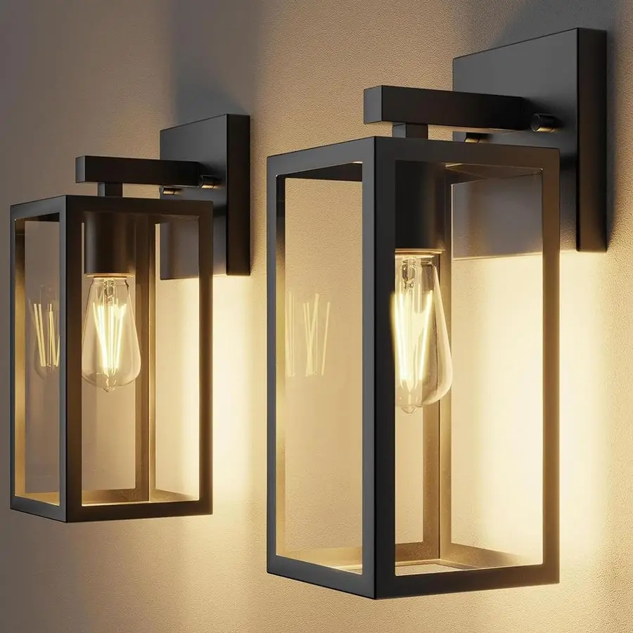 

Porch Lights Outdoor Wall Light Fixture 2pcs, Matte Black, Wall Sconce 12.4 in, Toughened Frame, Clear Glass Shade, Waterproof L