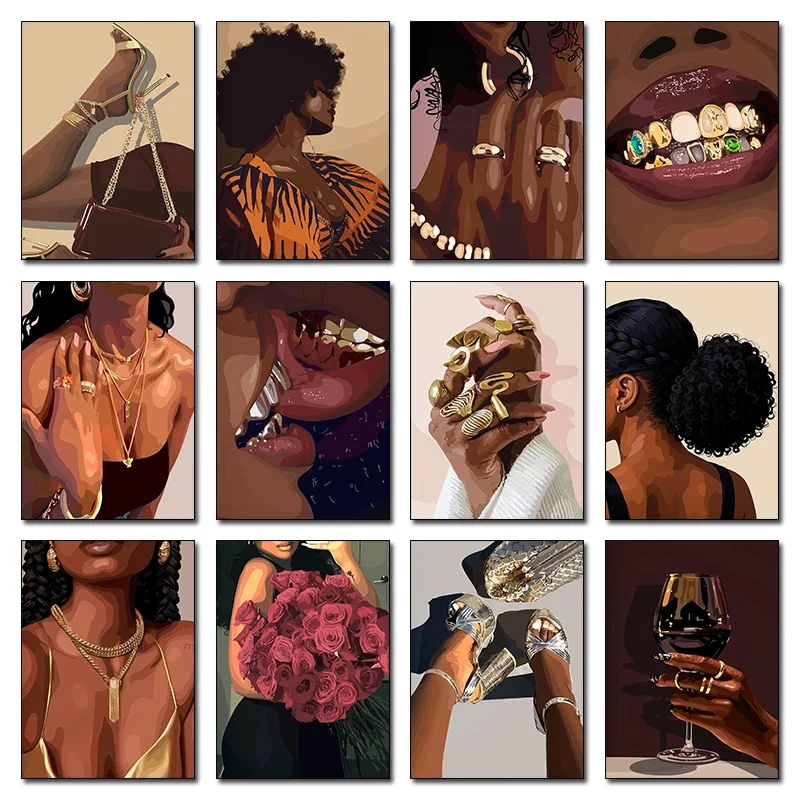 1pc frameless Canvas Painting Elegant Beautiful Black Woman Posters Boho Luxurious Stylish Glamour Prints Canvas Painting Wal