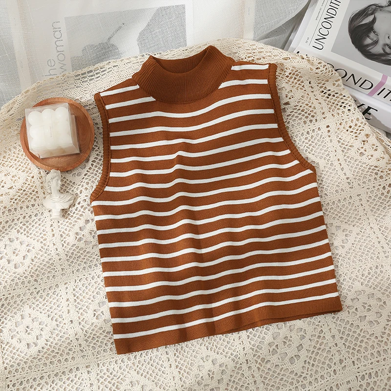 2024 New Striped Knitwear Tank Women's Fashion Slim Sleeveless Top Spring/Summer Versatile Short Half High Neck Vest Tee