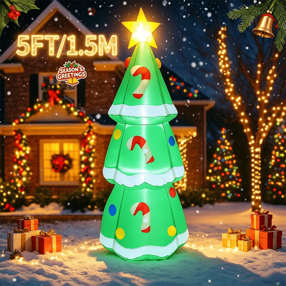 5FT/1.5M Christmas Inflatable DIY Decoration Lighted Yard Outdoor Xmas Tree with LED Lights Holiday Party Decor for Lawn