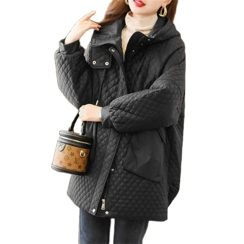 

2024 New, Winter Hooded Plaid Cotton Jackets, Women's Clothes, Winter Coats, Female Large Size Oversized Black Parkas ,Overcoats