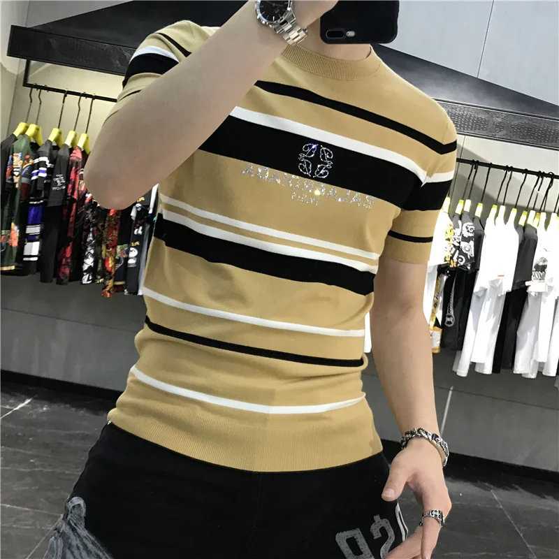 2023Tee Shirt Homme Personalized Striped Contrast Heat Drill Slim Fit Elastic Ice Silk Short Sleeve T-shirt Round Neck MenTshirt