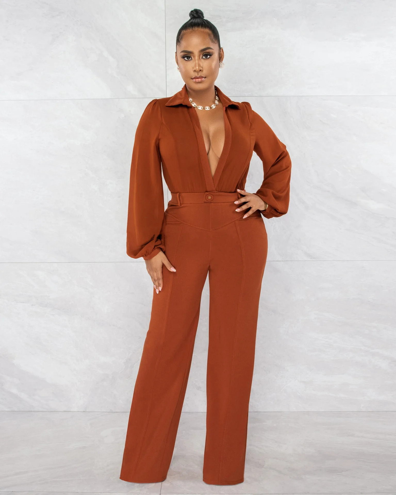 Al224 Cross-Border European and American Clothing Jumpsuit Sexy V Neck Long-Sleeved Tight Shirt Pants Autumn and Winter