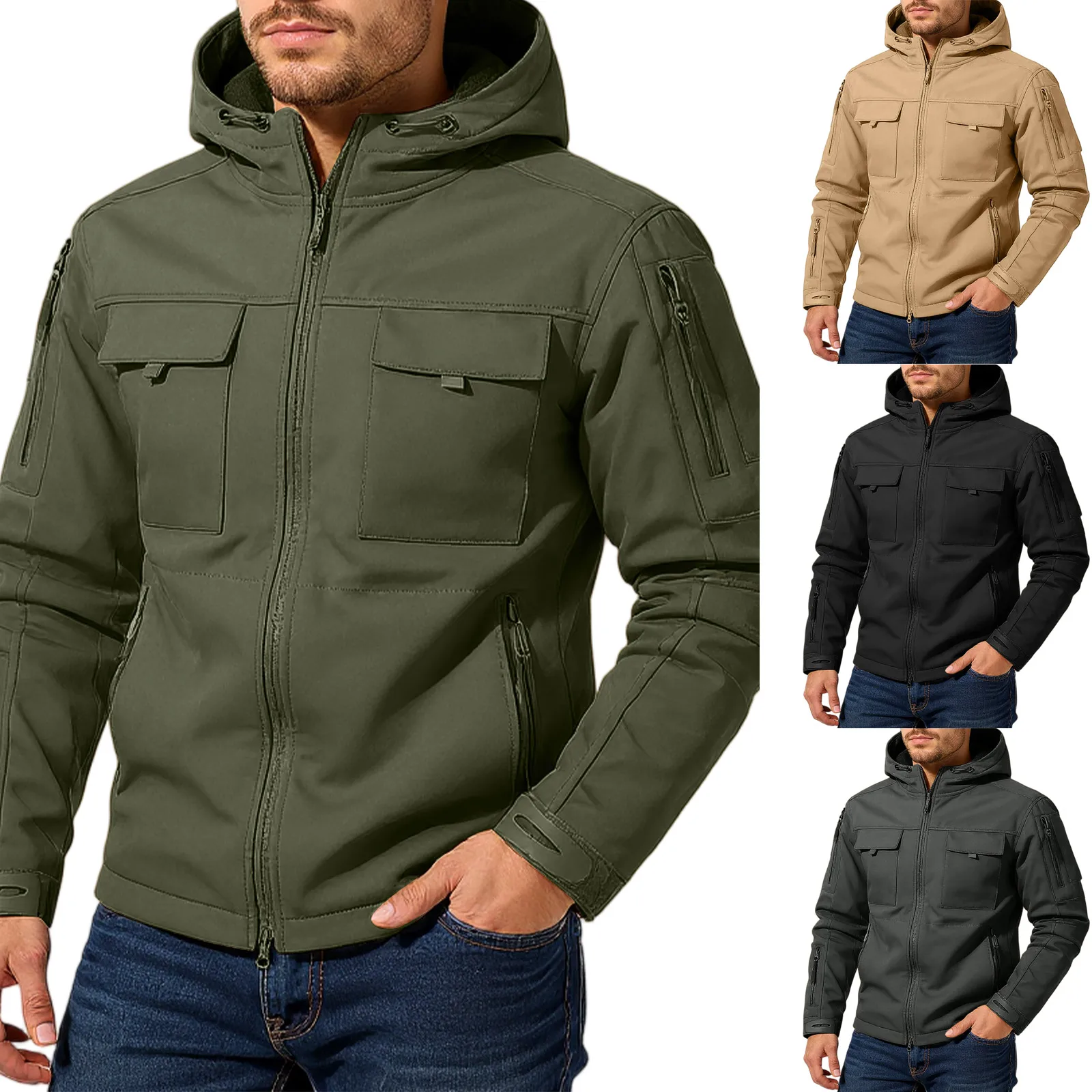 Men'S Hooded Jacket Multiple Pockets Windproof Fabric Daily Wear Autumn Winter All-Match Workwear Style Jacket Outdoor Travel