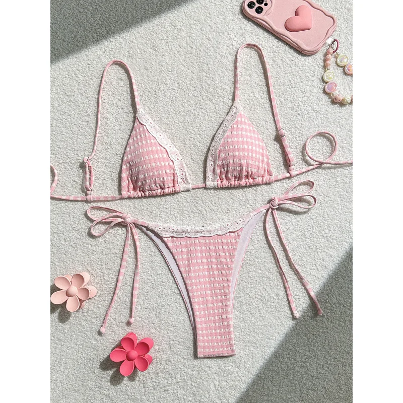 

New Soft Bag Pink Plaid Adjustable Shoulder Strap Back Tie Bikini Women's Summer Beach Swimsuit Swimwear