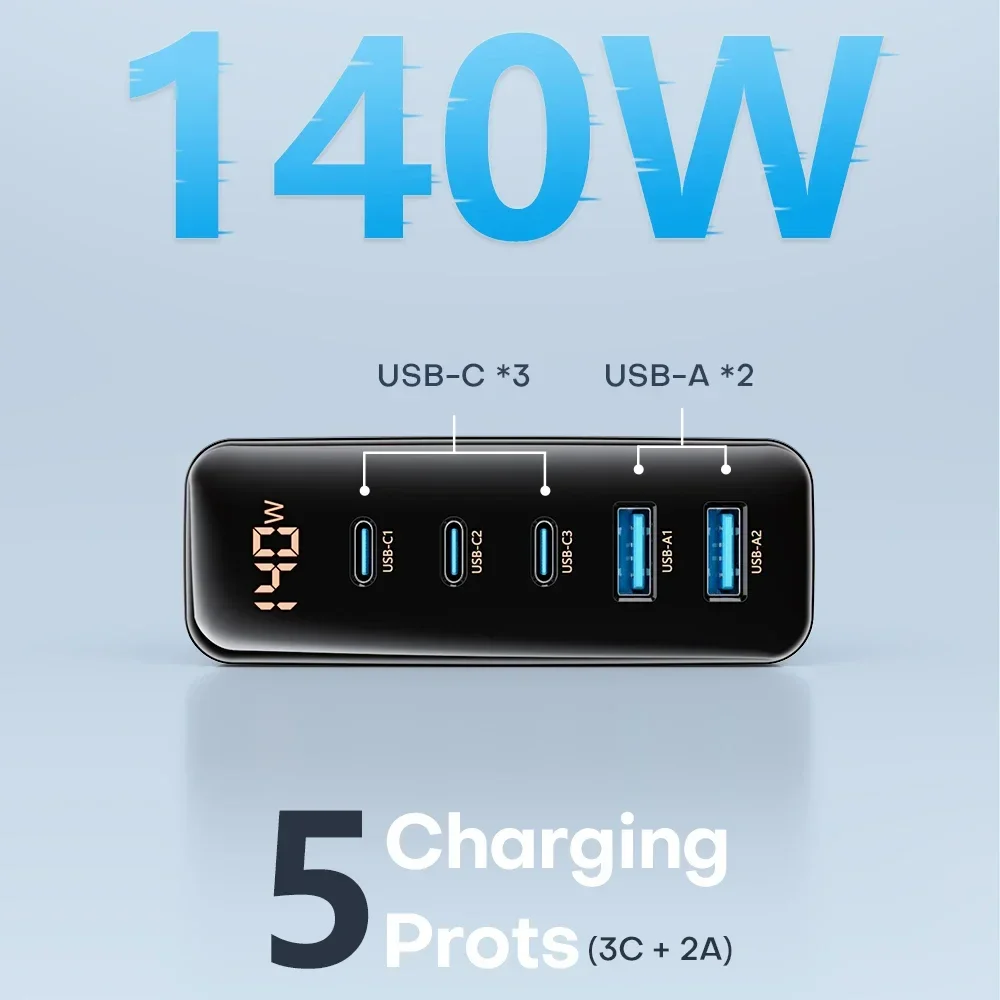 140W GaN USB Desktop Charger Five-port USB Type C Charging Charger for Macbook iPhone 14 13 Sasmusng S23 Ultra Xiaomi Huawei