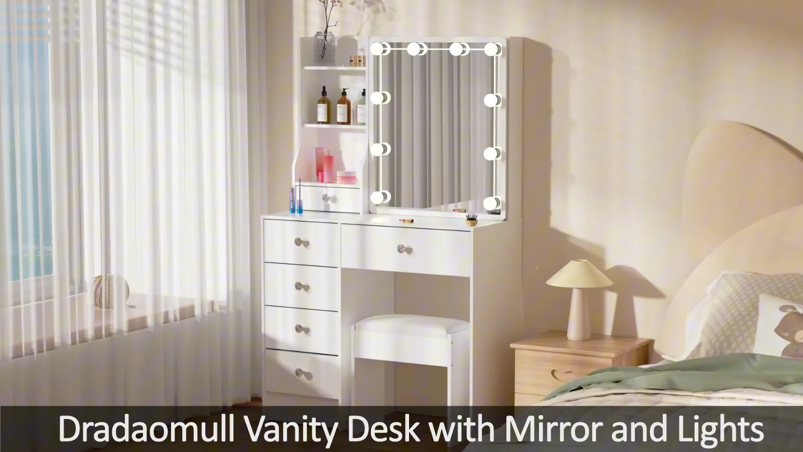 مجموعة أدوات مكتب مكياج ومرآة لطاولة الزينة مع أضواء LED باللون الأبيض