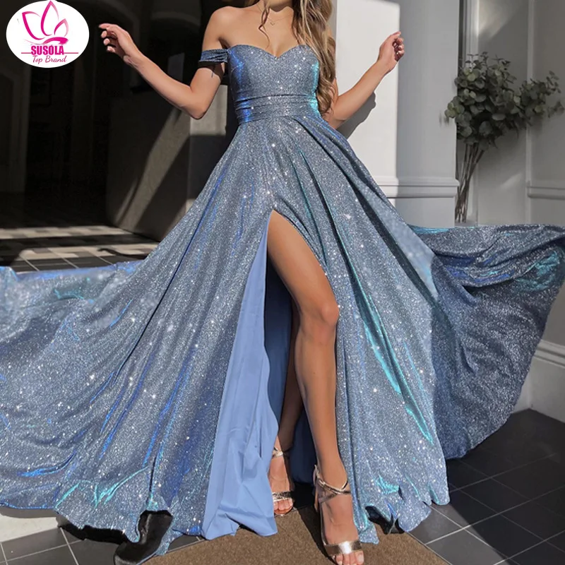 SUSOLA New Women Skyblue Sequin Shiny Evening Strapless Dresses Lace Satin Sweetheart Side Sexy Prom Gowns Long Formal Dress