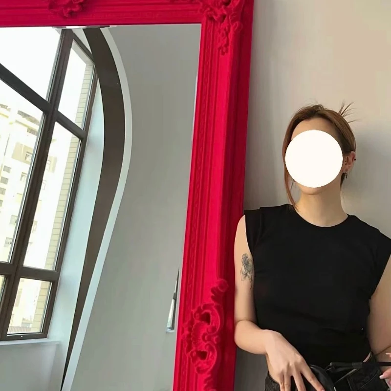 Full body mirror retro flocking oversized floor mirror home full-length mirror French retro premium velvet