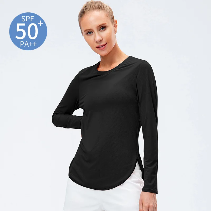 Women's Quick Dry Long Sleeve Yoga Top UPF50+ UV Sun Protection Split Hem Loose T-Shirt for Running Gym Sports