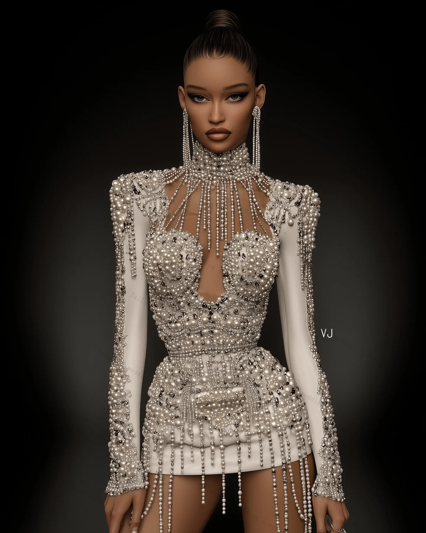 

Luxury Pearls Women Prom Dresses Beading Sexy Sheer Neck Full Sleeves Short Mini Bridal Evening Gown Customized Backless Robe