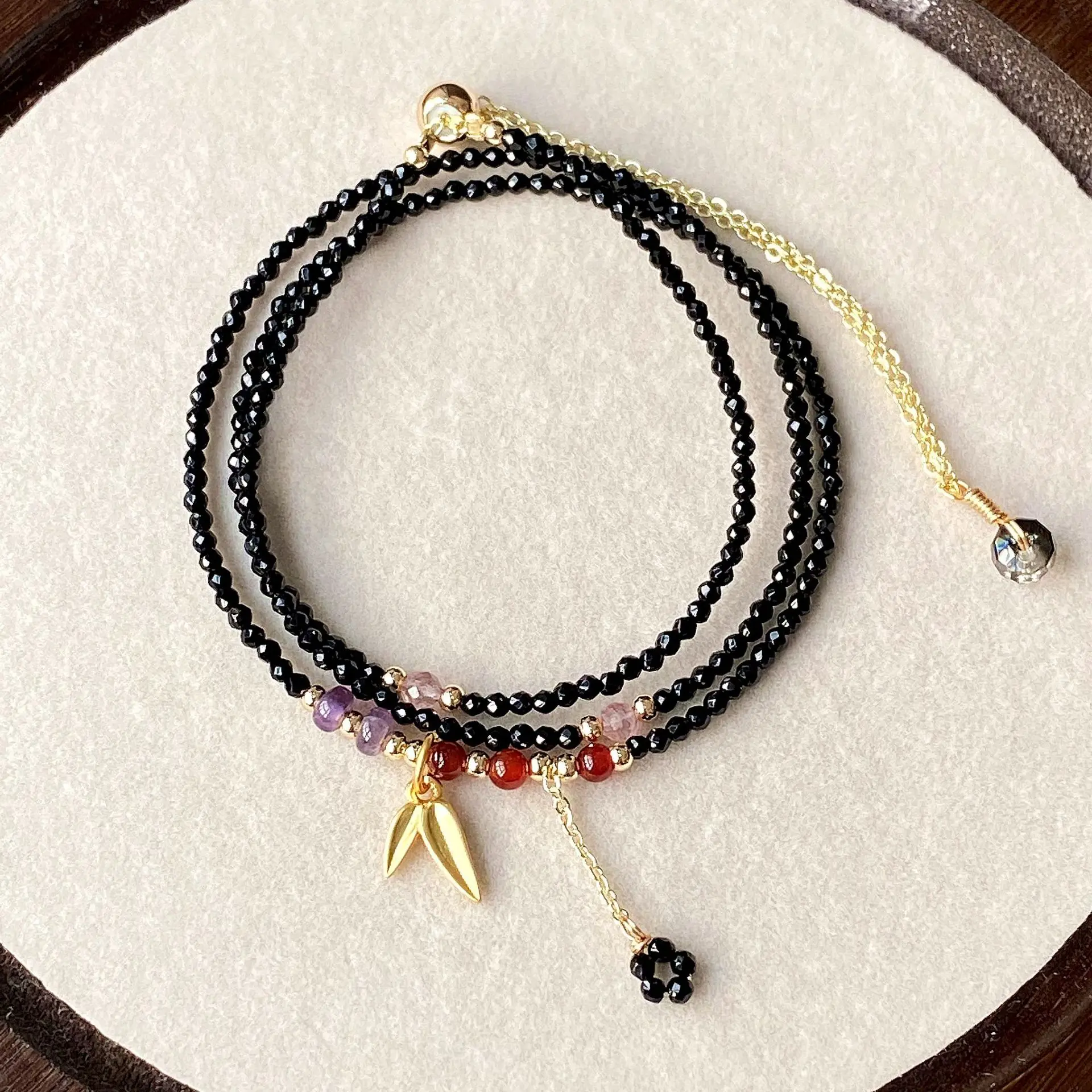 Black Sharp Crystal Cut Black Tourmaline Black Beads Multi-layer Three-circle Bracelet Adjustable Size Can Be Carried HandString