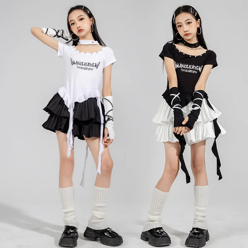 

Girls Jazz Street Dance Clothes Sets Kpop Cheerlead Dance Outfits White Black Tops Skirt Catwalk Clothing Group Stage Costumes