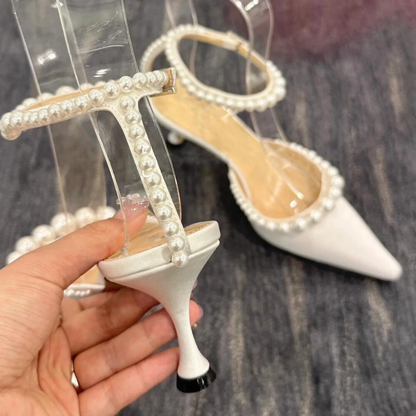 Women's White Leather Pointed Kitten Heels Pumps Sexy Pearl Ankle Strap Romantic Elegant Wedding Bridal Parties Lady Daily Shoes view 5