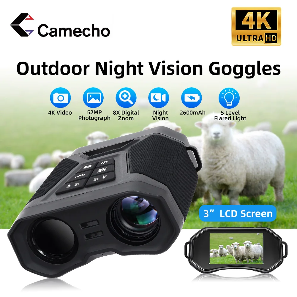 

Camecho 3 inch LCD Screen Digital Infrared Night Vision 4K Video Support 4X Optical and 8X Digital Zoom outdoors total darkness