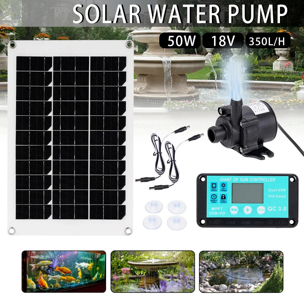 50W  Solar Panel Power Bank WaterPump Set Ultra-quiet Submersible Water Pump Motory Fish Pond Garden Fountain Decoration