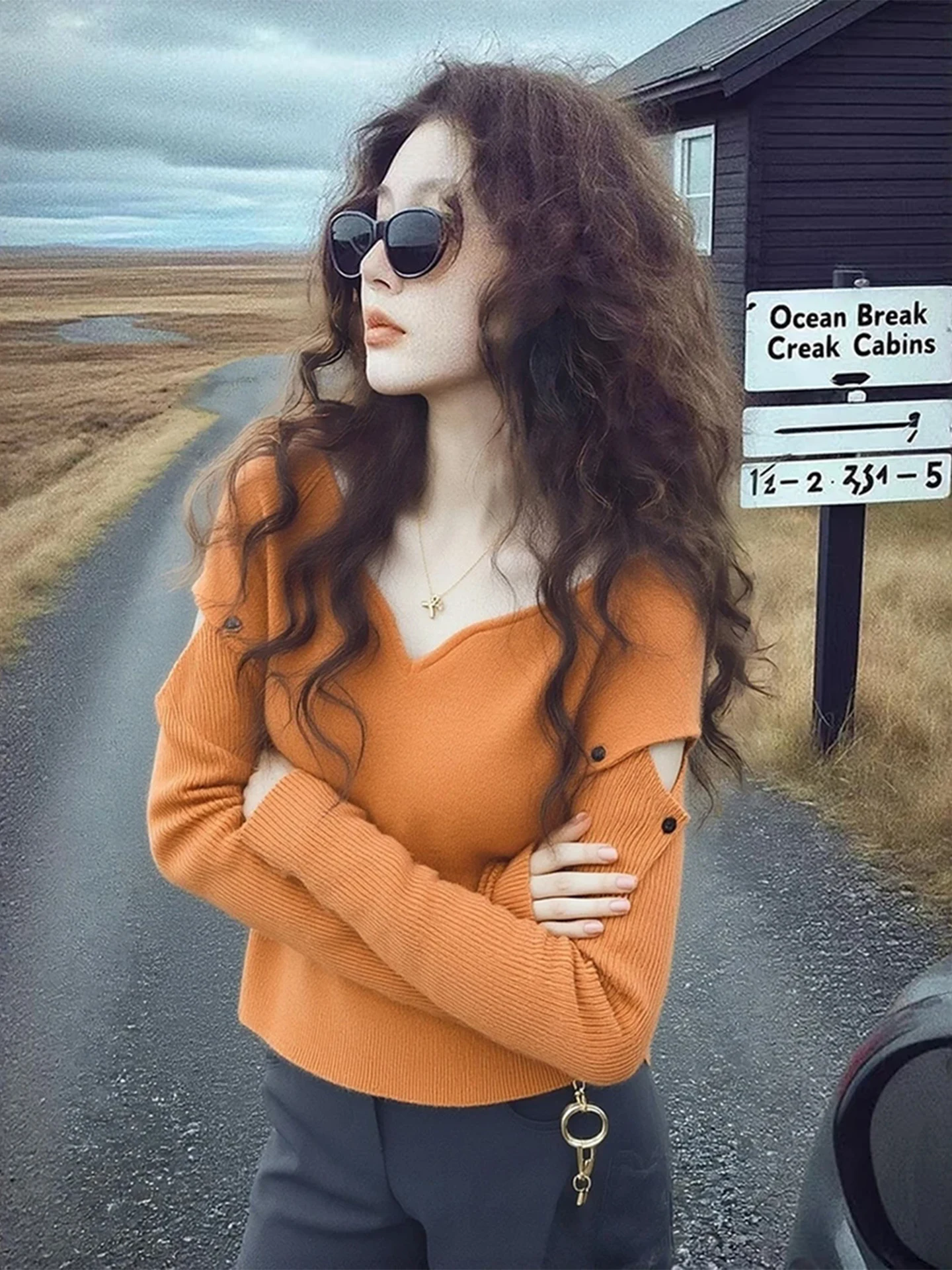 

Orange Dopane V-Ne Long Sve Knitted Top Women's Autumn Winter Unique Beautiful Hollow out Base Layer Top