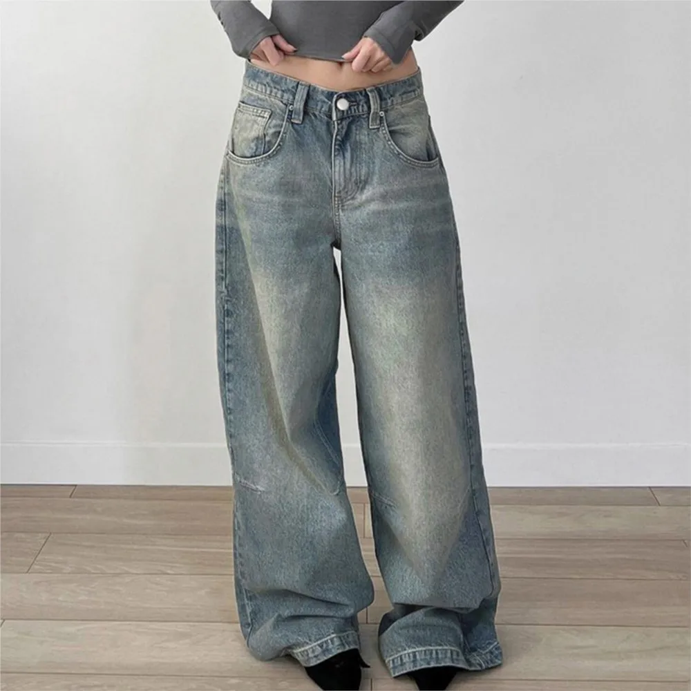 American Baggy Jeans Retro Women's Clothing Straight Pants Low Waist Loose Street Casual All-match Simple Style Fashion Trendy