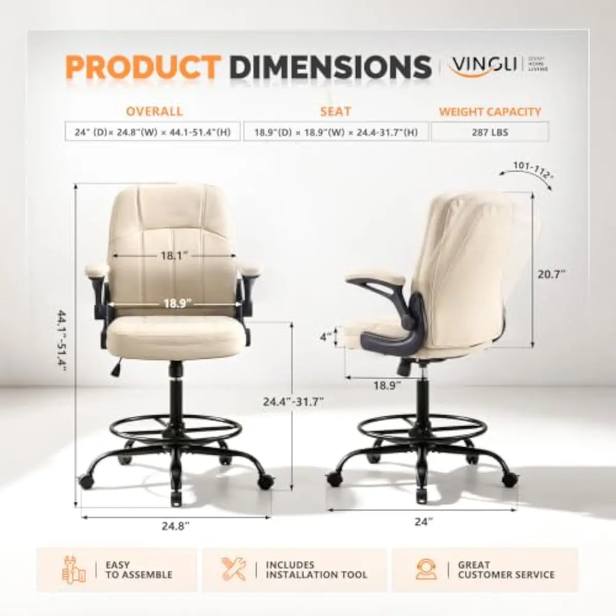 Tall Ergonomic Drafting Chair with 4 Inch High-Density Cushion, Adjustable Height and Tilt Backrest, PU Leather Seat, Silent Loc