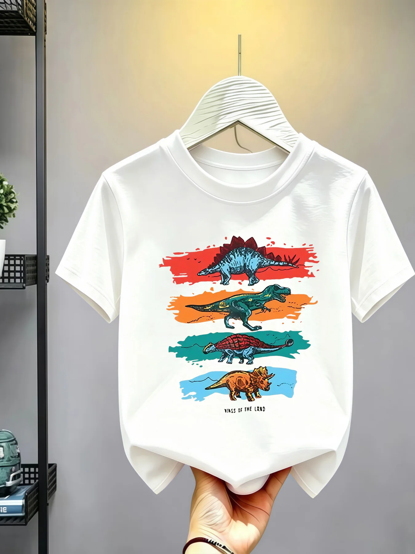 Four Retro Color Block Dinosaur Paint Print Family Matching Cotton Tees Short Sleeve Tops For Mom Dad Boys Girls Daily Wear
