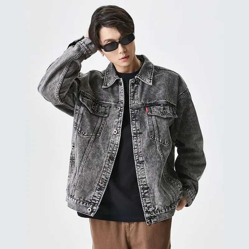 Verwaschene Schwarze Acid-Wash Denim Trucker Jacke für Herren Vintage Ausgewaschener Jeans-Mantel Übergroße Urban Streetwear Oberbekleidung Denim-Top Hip Hop – Detail 2