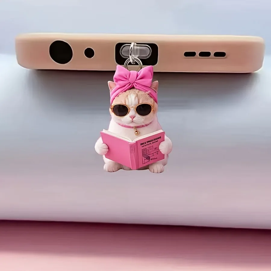 Plugue acrílico plano 2d para poeira de gato, para iphone, conector relâmpago e conector oval tipo c, rosa, acrílico, telefone, poeira, pingente