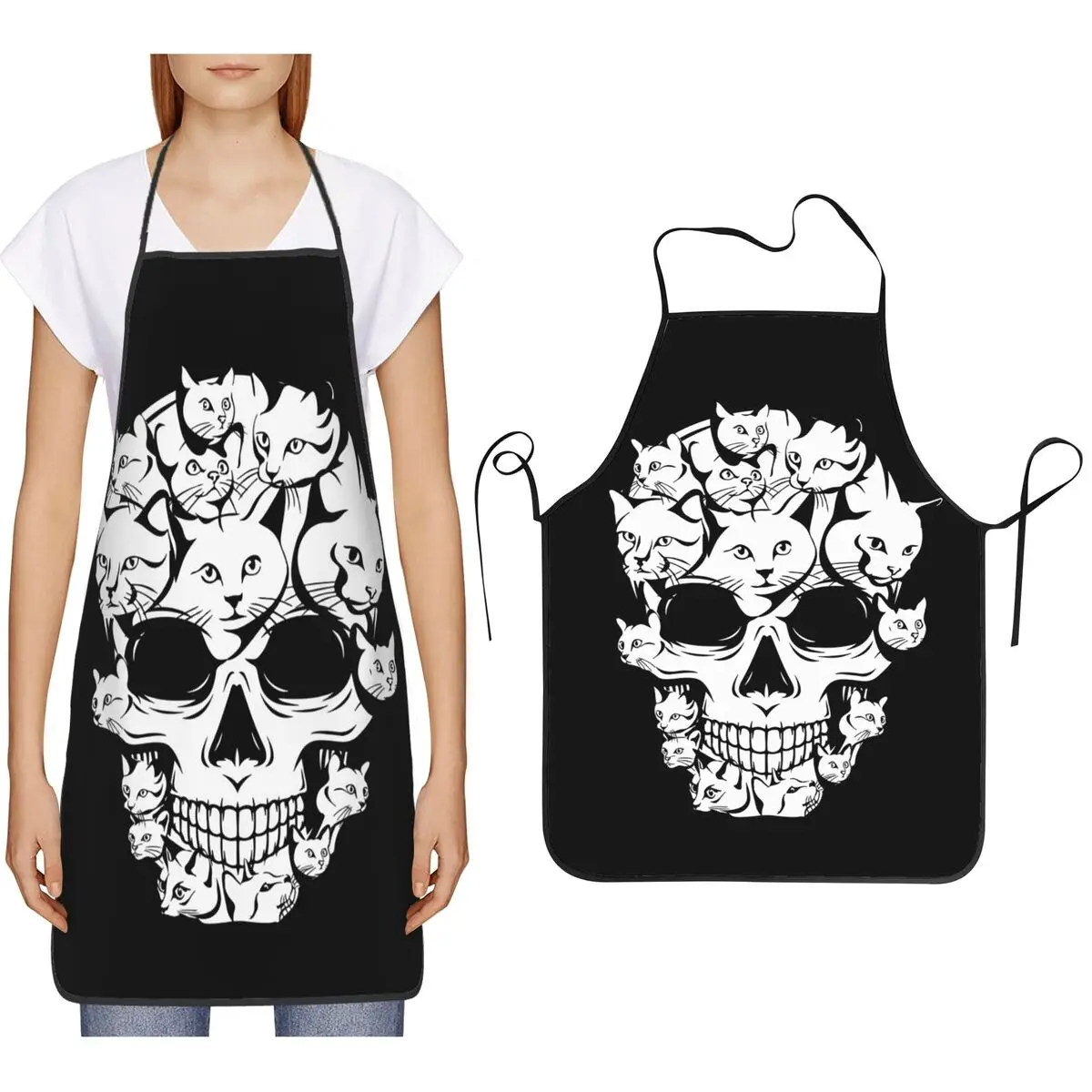 

Halloween Funny Cat Skull Cat Min Aprons Chef Cooking Cuisine Tablier Bib Kitchen Cleaning Pinafore for Women Men Painting