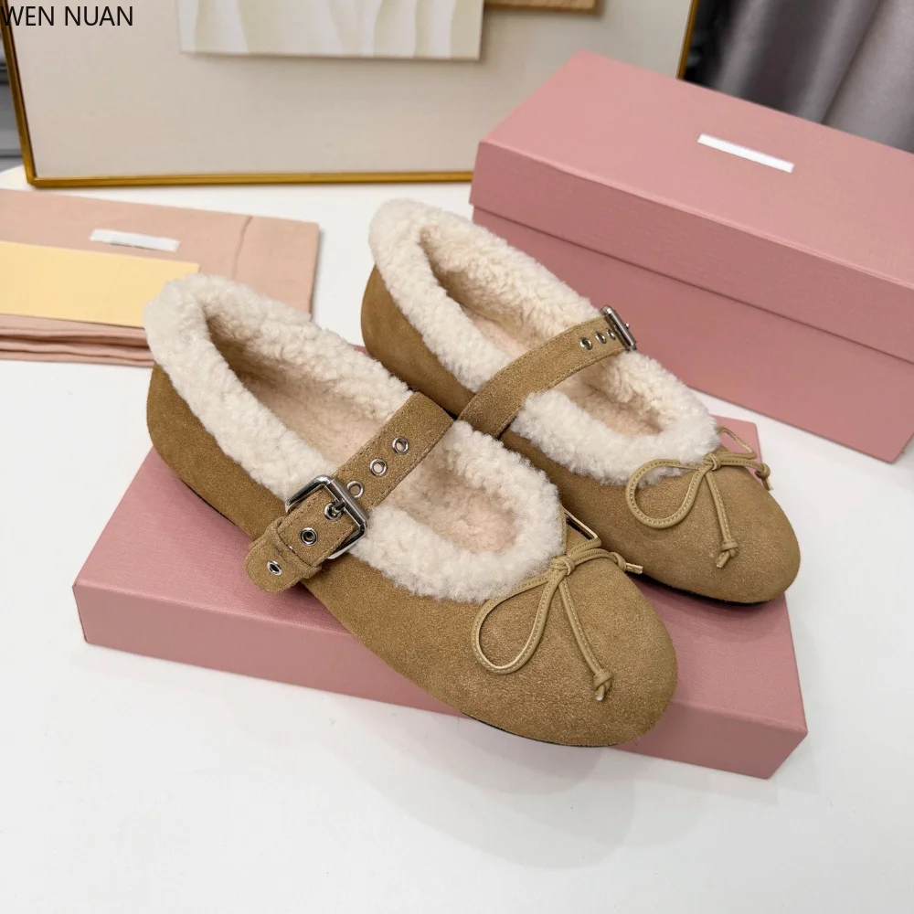 Fall/Winter Bowknot Mary Jane Women's Button-Up Sheepskin Fleece Lined Flat Warmth Padded Ballet Flats
