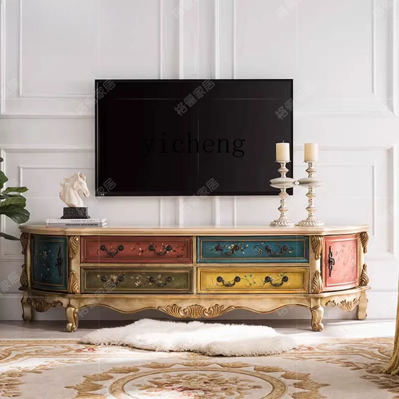 

LSL TV Cabinet Living Room Solid Wood TV Cabinet Painted Carving Combination