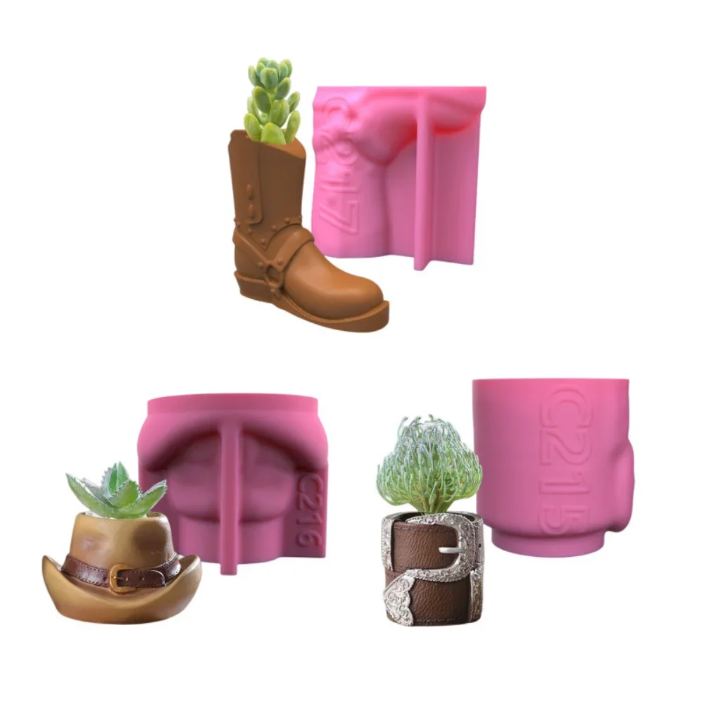 Western Cowboy Belt Hat Leather Boot Planter Silicone Mold DIY Handcrafted Gypsum Concrete Pen Holder Vase Epoxy Resin Molds