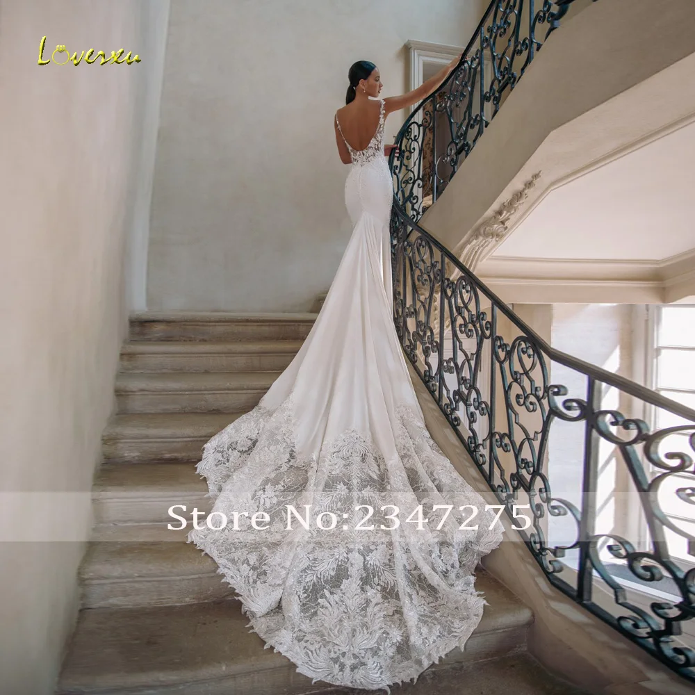 Loverxu Mermaid Sexy Wedding Dresses Scalloped Sleeveless Vestido De Novia Lace Detachable Train Satin Custom Made Bridal Gown