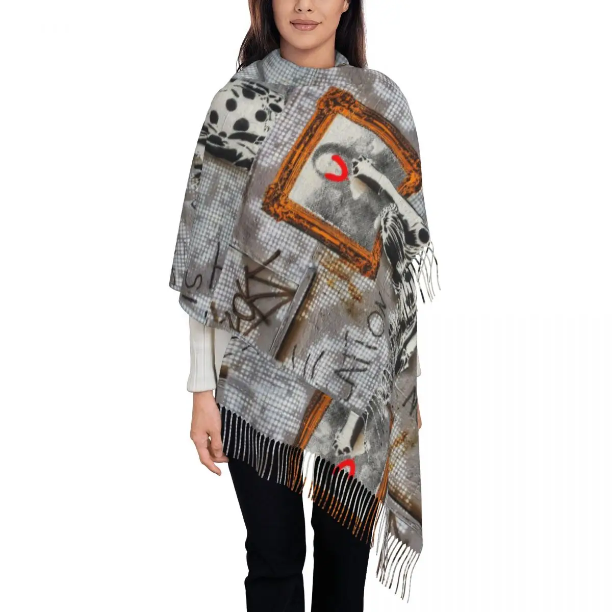 Banksy Graffiti Scarf for Women Warm Winter Shawl Wrap Large Scarves with Tassel Ladies